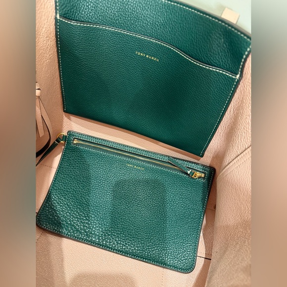 Tory Burch Perry Pebbled Leather in Green/Pink Reversible Laptop Bag Tote EUC - Picture 13 of 16